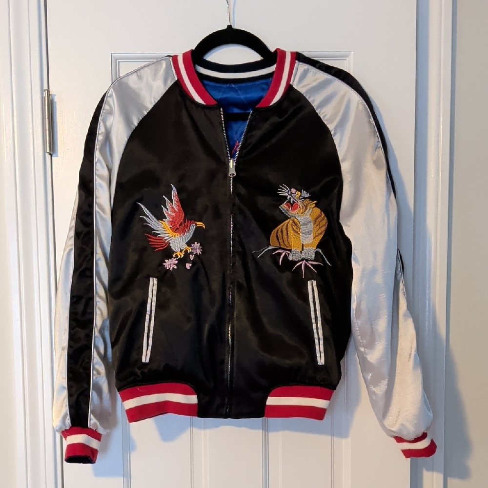 Black Satin Bomber Jacket with Embroidered Tiger and Bird